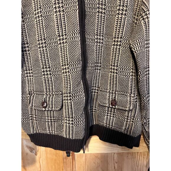 Lauren Ralph Lauren Brown Tan Houndstooth Plaid 100% Cotton Knit Zip Jacket XL - Picture 3 of 10